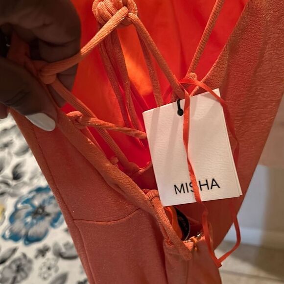 Misha Rebekah Womens 6 Metallic Midi Dress Copper Open Back Strappy V Neck NWT - Picture 8 of 10